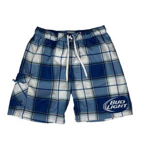 Bud Light Beer Swim Trunks Board Shorts Blue Plaid Men's Size Large